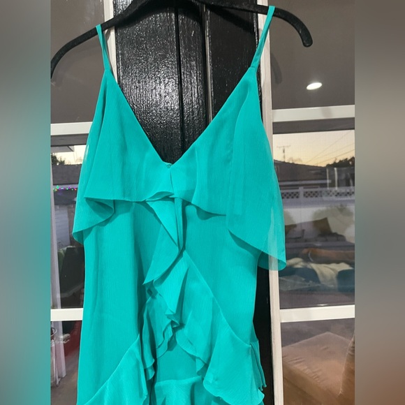 ALICE + OLIVIA TIERED RUFFLE SPAGHETTI STRAP MINI DRESS TURQUOISE CHIFFON SIZE 4 - Picture 4 of 8